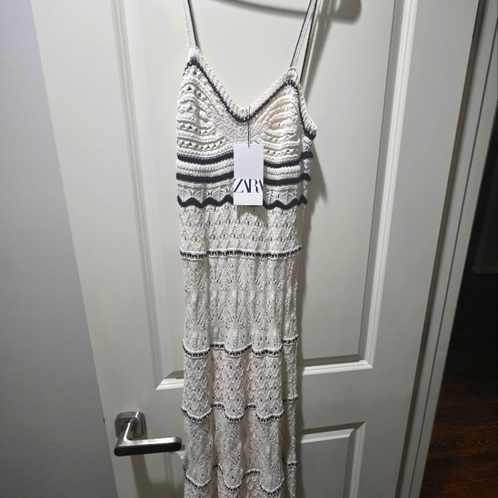 Zara Cream and Black Maxi Crochet Dress